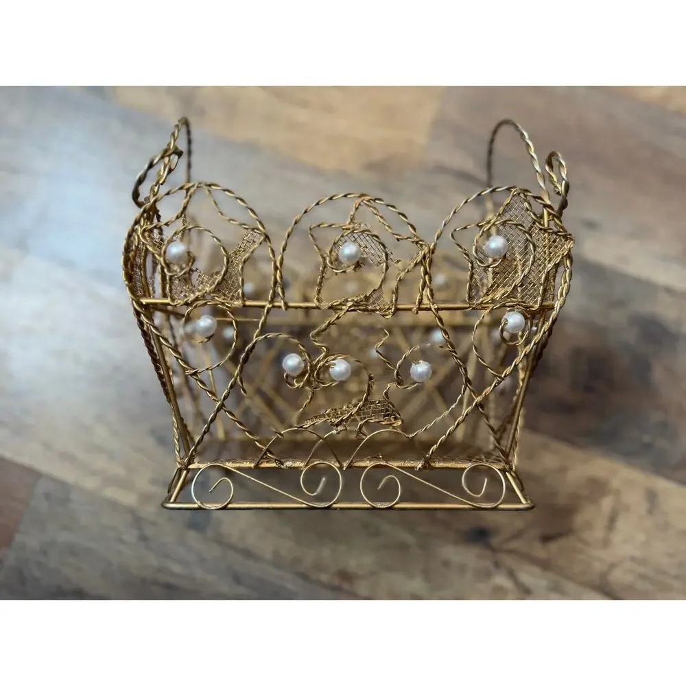 Vintage Gold Filigree Wire Basket Faux Pearl Vanity Jewelry Catchall Cottagecore